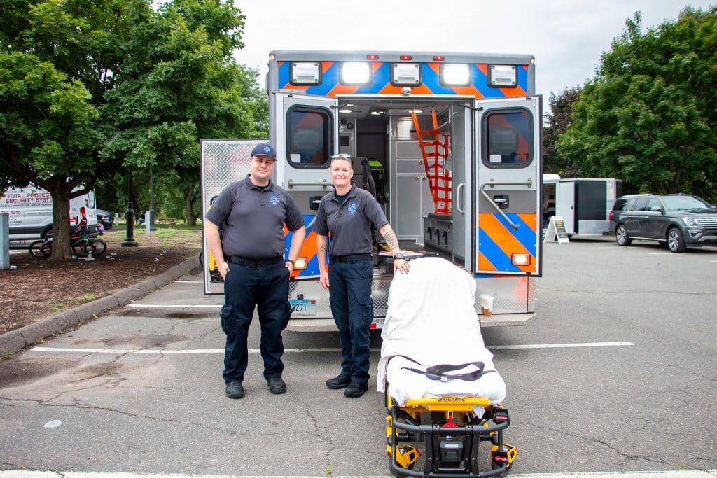 EMTs Zachary Brody and Shannon Bennett of Enfield Emergency Medical Services.